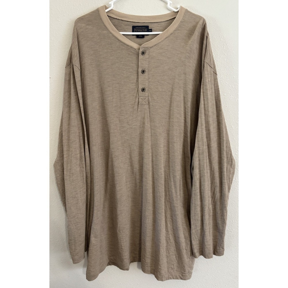 Pendleton Men's XXL Subtle Stripe Henley Shirt Tan 100% Cotton Long Sleeve